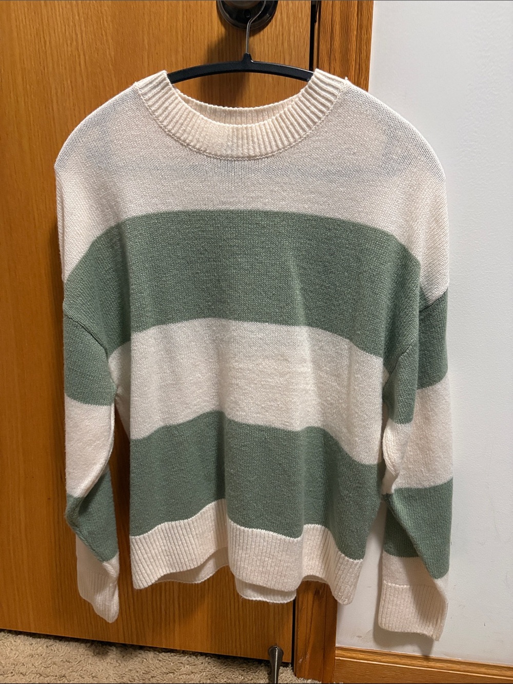 H&M Cream and Sage Green Striped Crewneck Sweater